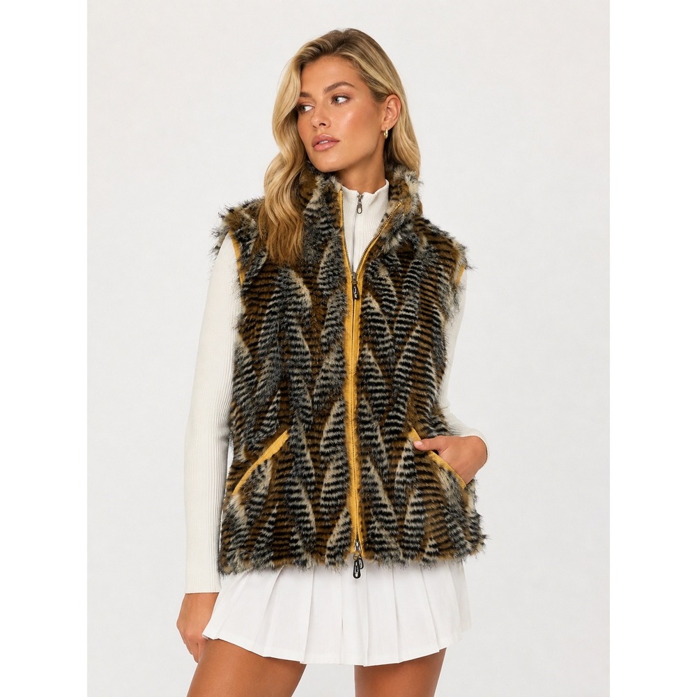 Jamie Sadock Golf Reversible Faux Fur Chevron Zip Up Vest Brown Yellow Mustard M